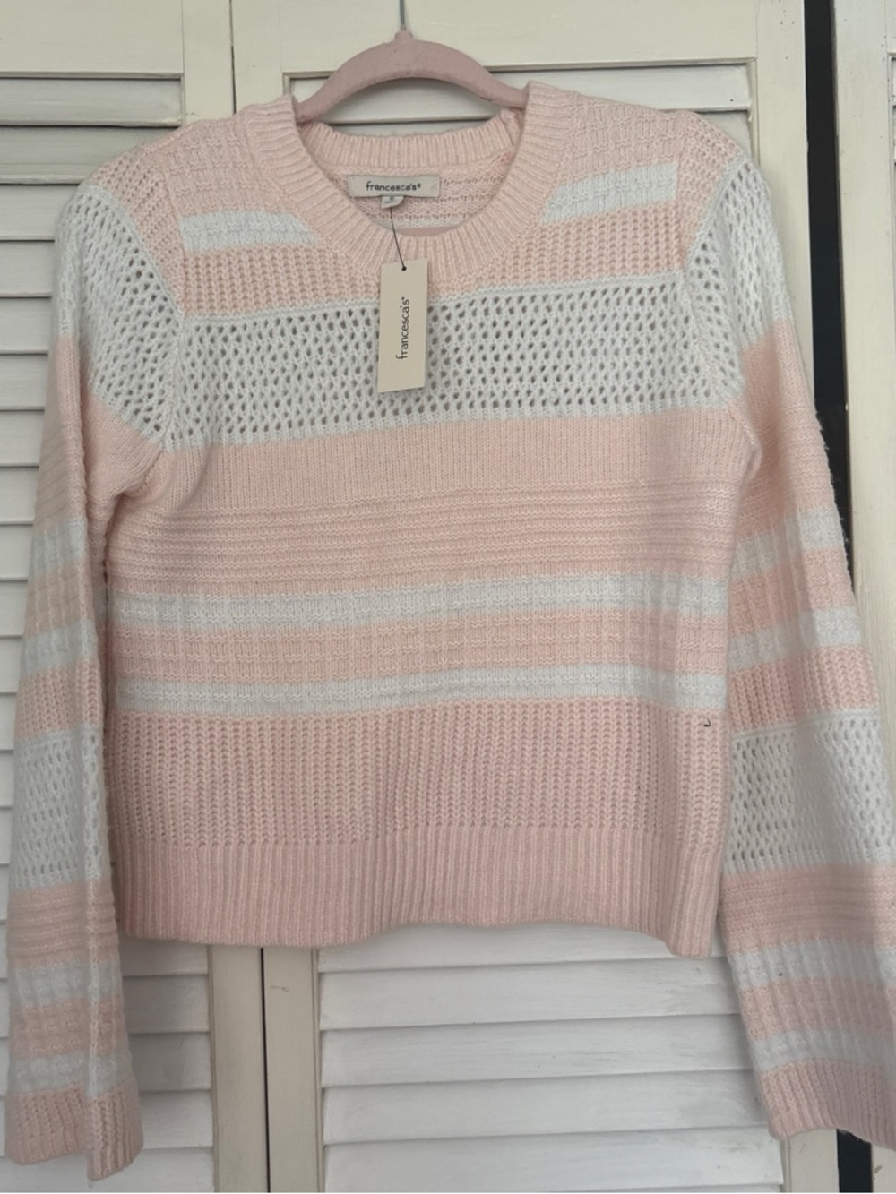 Francesca's Collections Pastel Pink & White Striped Open Knit Crewneck Sweater